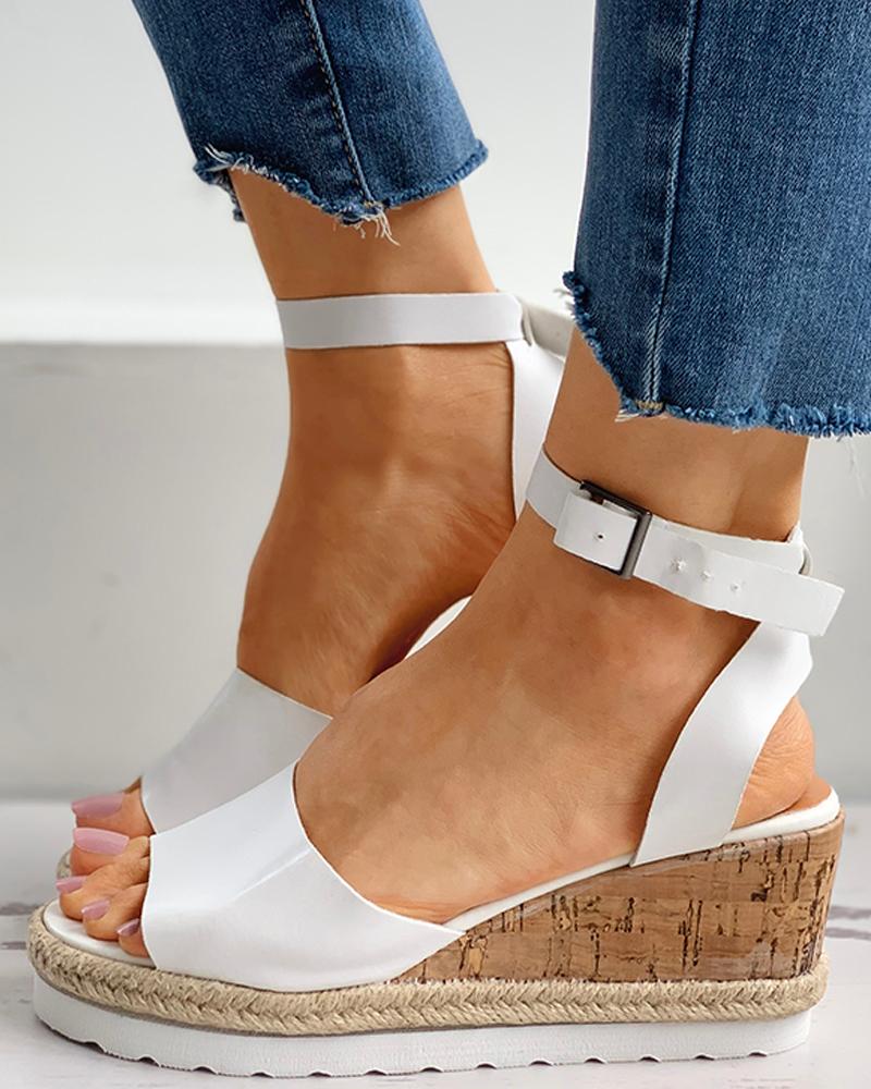 

Woven Flax Ankle Strap Peep Toe Wedge Sandals, White