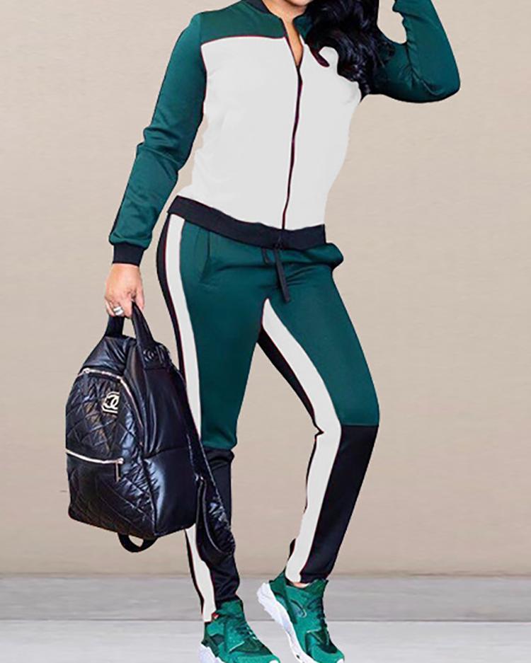 

Colorblock SplicingZipper Design Coat & Striped Tape Pant Sets, White