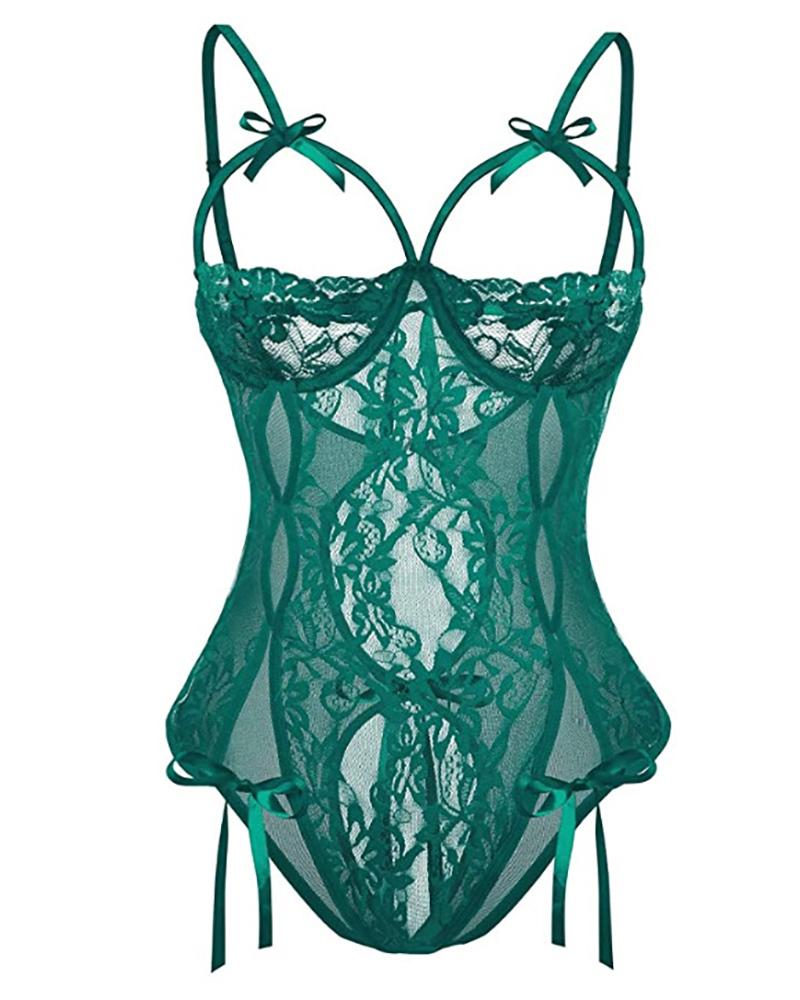 

Plain Lace Sheer Mesh Bowknot Design Teddy, Green