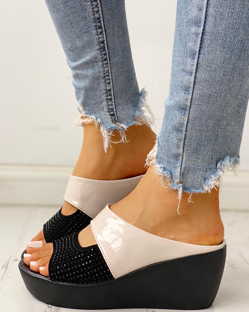 

Glitter Studded Muffin Wedge Sandals, Beige