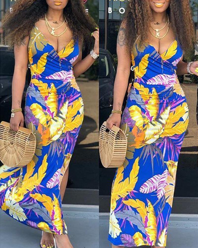 

Deep V Neck Tropical Print Maxi Dress, Yellow