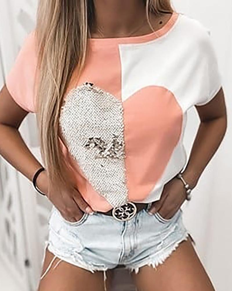 

Colorblock Heart Pattern Short Sleeve T-shirt, Pink