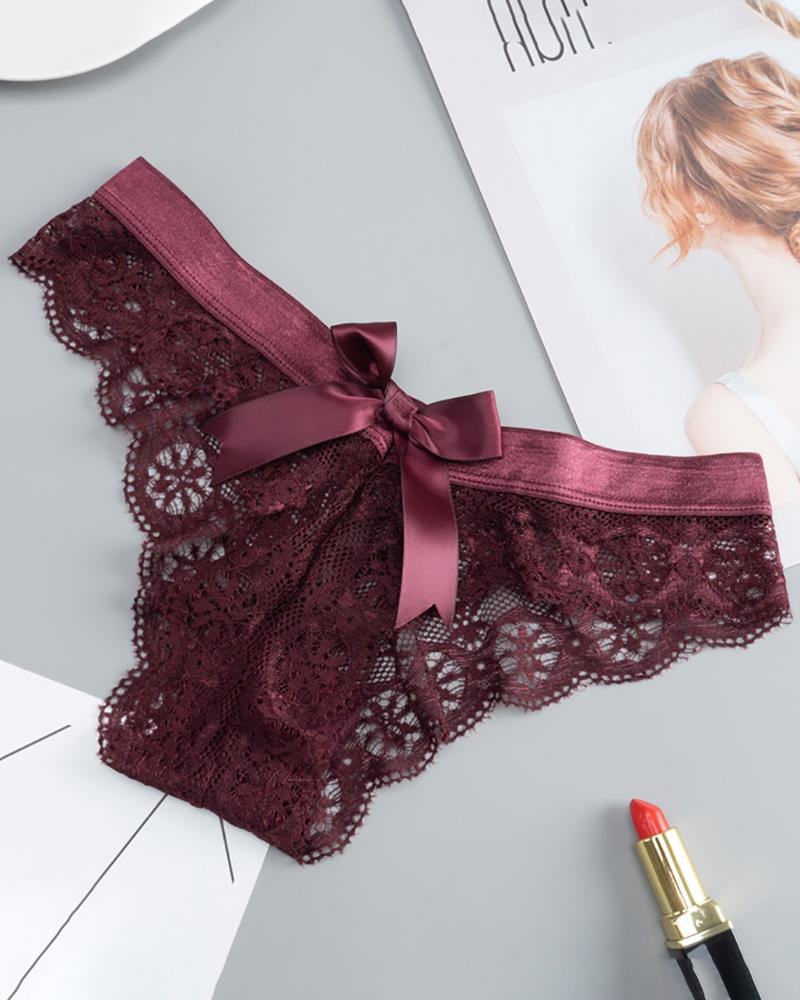 

Bowknot Decor Eyelash Lace Thong, Wine red