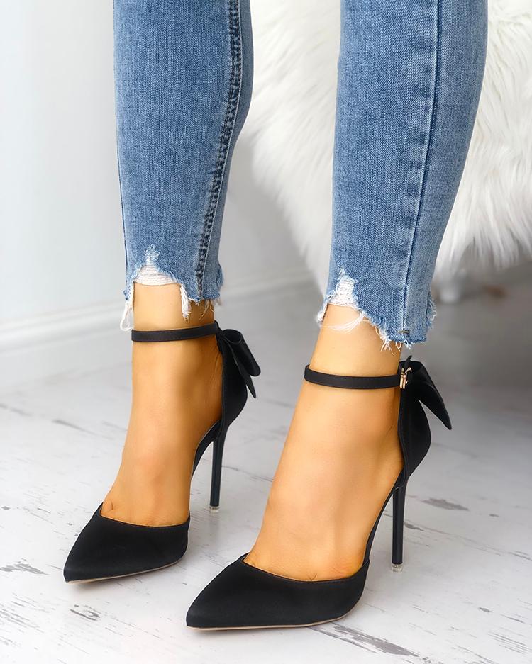 

Satin Bowknot Ankle Strap Peep Toe Heels, Black