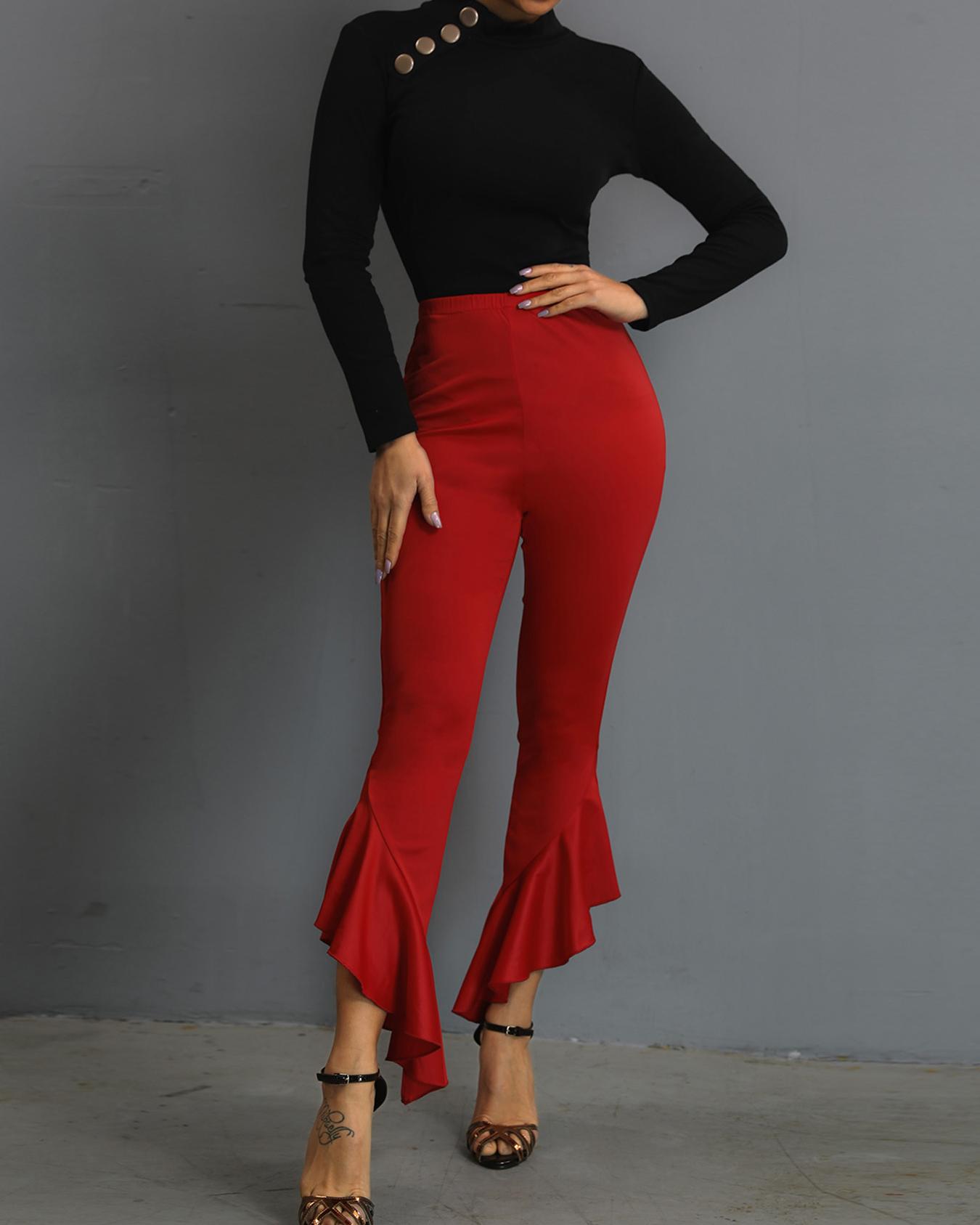 

Sexy Irregular Flared Hem High Waist Slinky Pants, Red