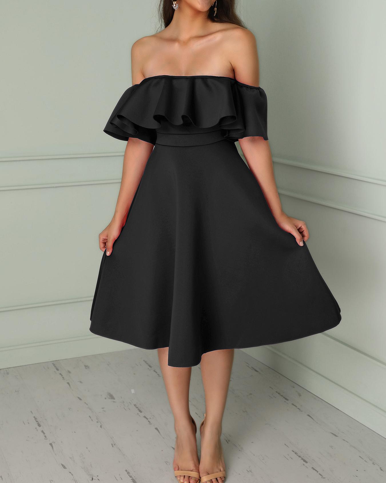

Solid Ruffles Off Shoulder Pleated Mini Dress, Black