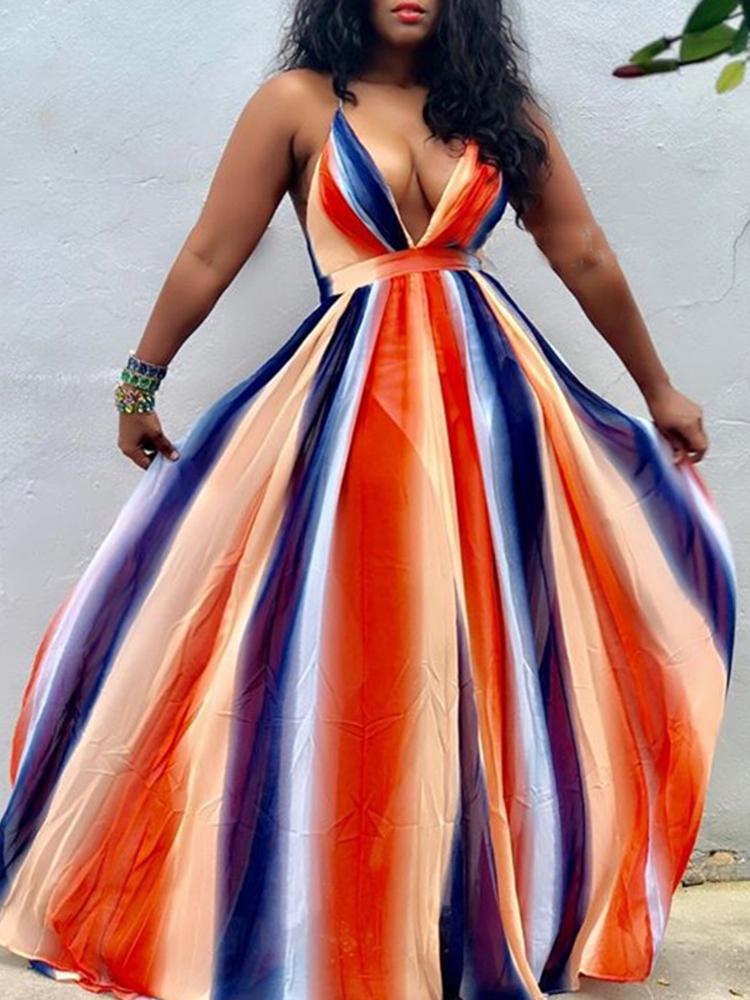 

Sexy Rainbow Spaghetti Strap Pleated Maxi Dress, Orange