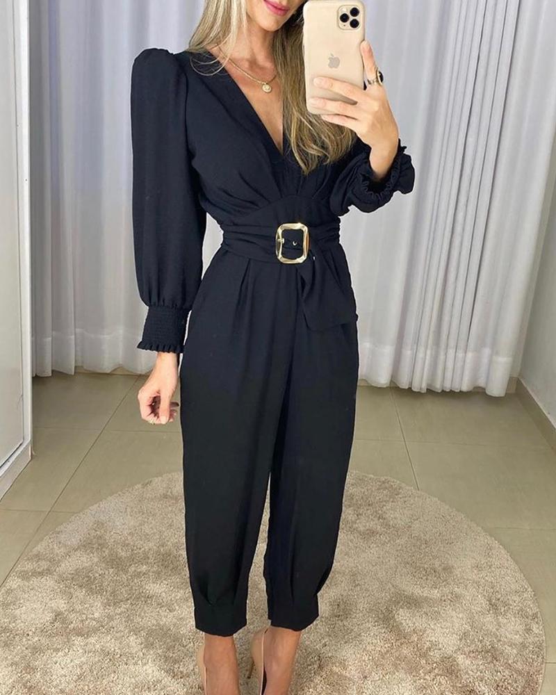 

Solid Color Long Sleeve Jumspuit, Black
