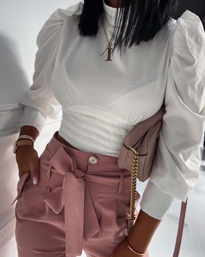 

Solid Puffed Sleeve Knotted Back Blouse, White