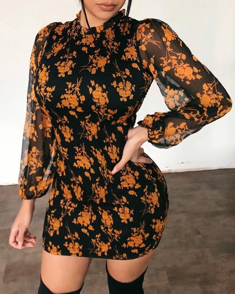 

Floral Print Mesh Sleeve Dress, Dark yellow