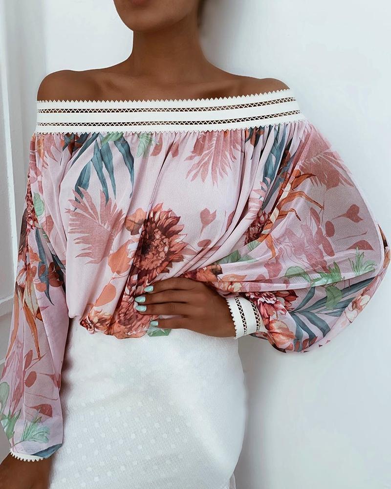 

Off Shoulder Lantern Sleeve Floral Print Blouse