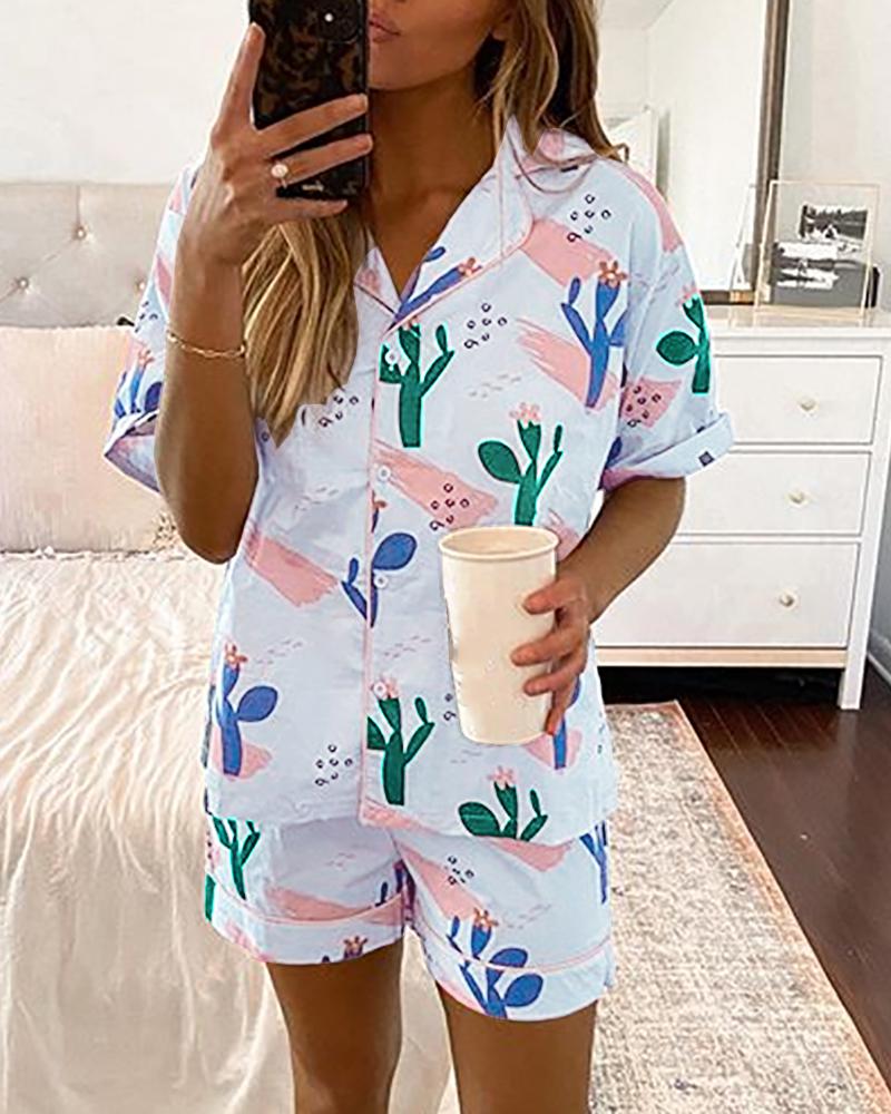 

Bottoned Plant Print Pajamas Set, Blue