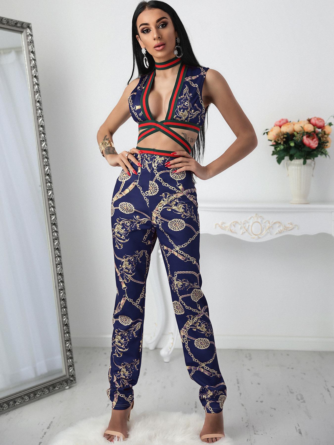 

Digital Print Striped Choker V Slinky Pants Set