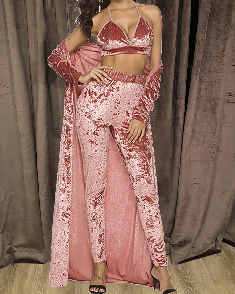 

3PCS Velvet Halter Bra Top & Pants With Cardigan, Pink