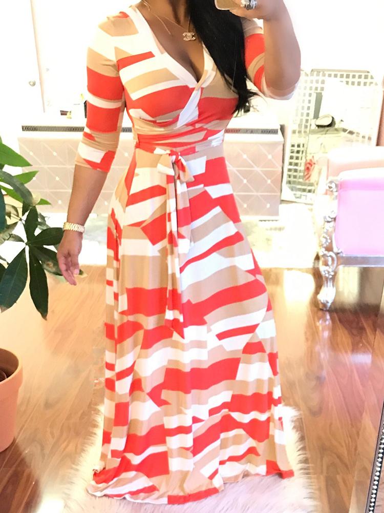 

Color Block Geo Print Tied Waist Maxi Wrap Dress, White