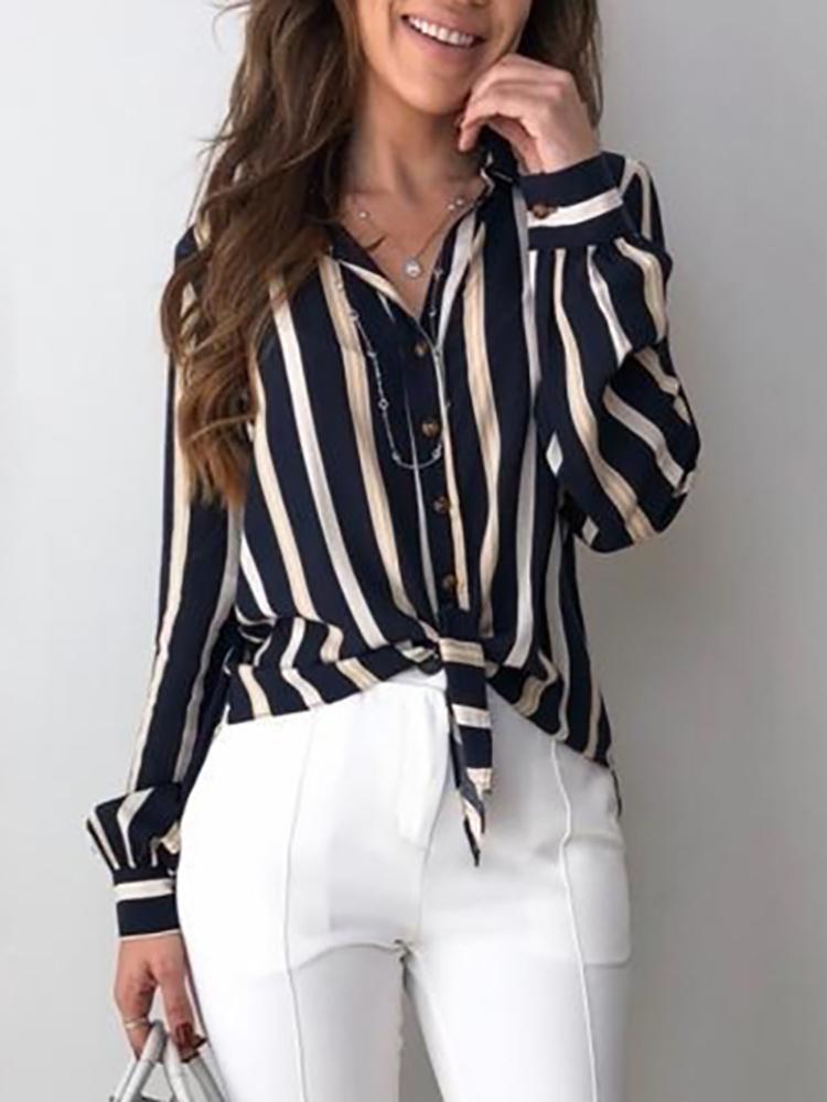 

Contrast Stripes Button Up Knot Front Blouse, Purplish blue