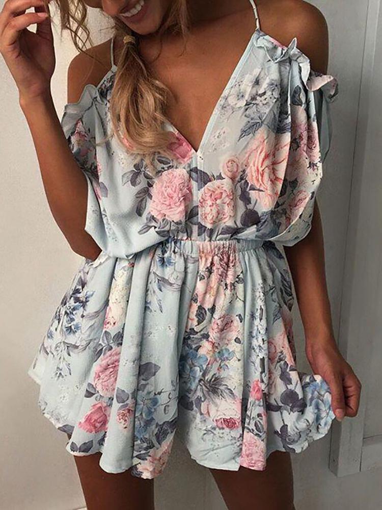

Plunge Cold Shoulder Elastic Waist Ruched Romper