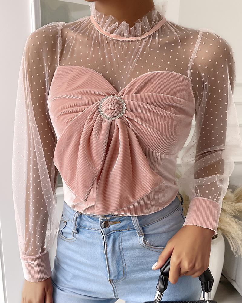 

Polkadot Print Sheer Mesh Bowknot Design Blouse, Pink
