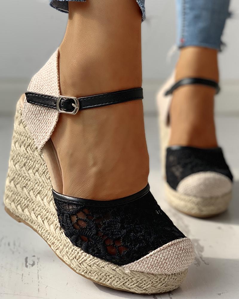 

Lace Platform Wedge Heeled Sandals, Black