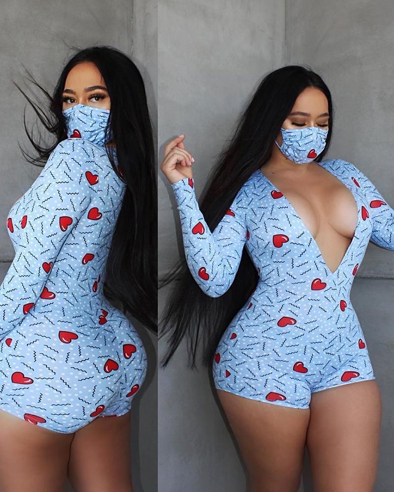 

Heart Print Deep-V Long Sleeve Romper With Face Cover, Blue