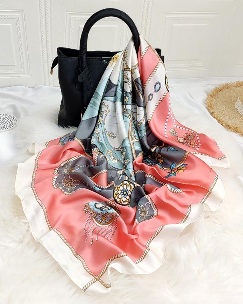 

Graphic Print Square Silk Scarf, Pink