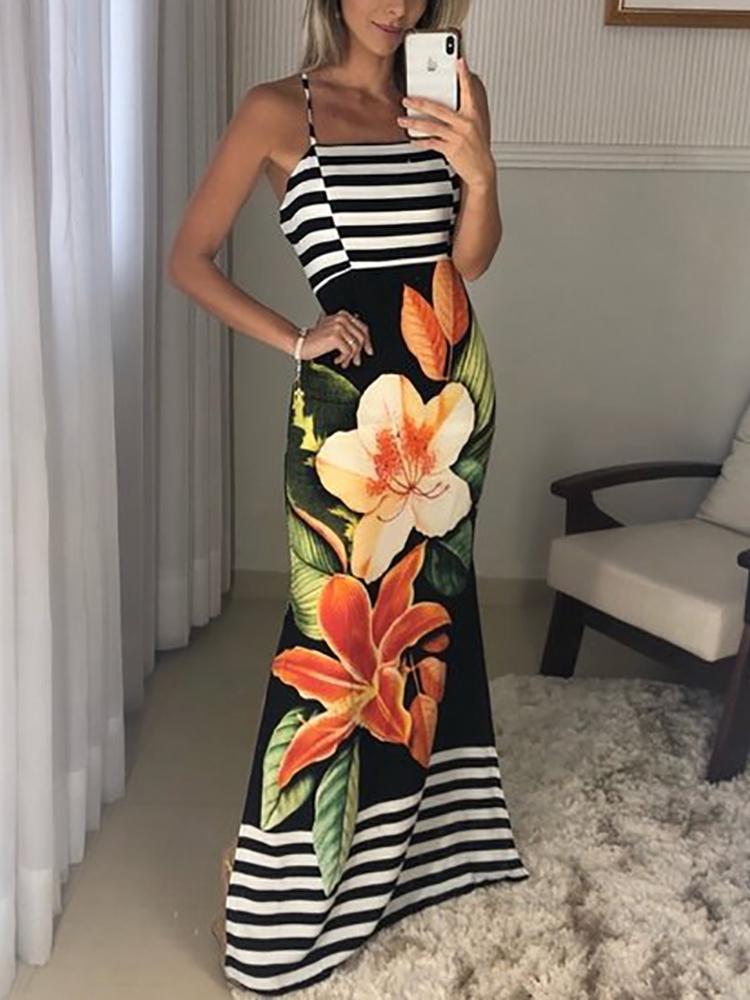 

Floral and Striped Splicing Spaghetti Strap Dress, Black