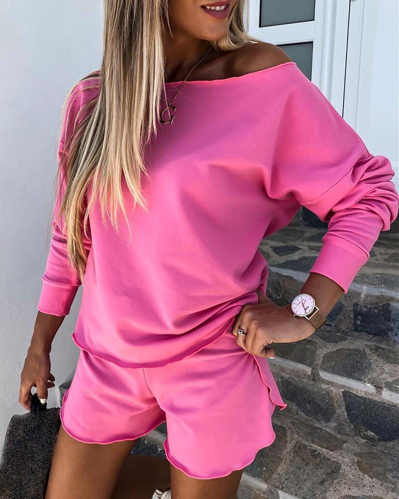

Cold Shoulder Long Sleeve Top & Frill Hem Shorts Set, Hot pink