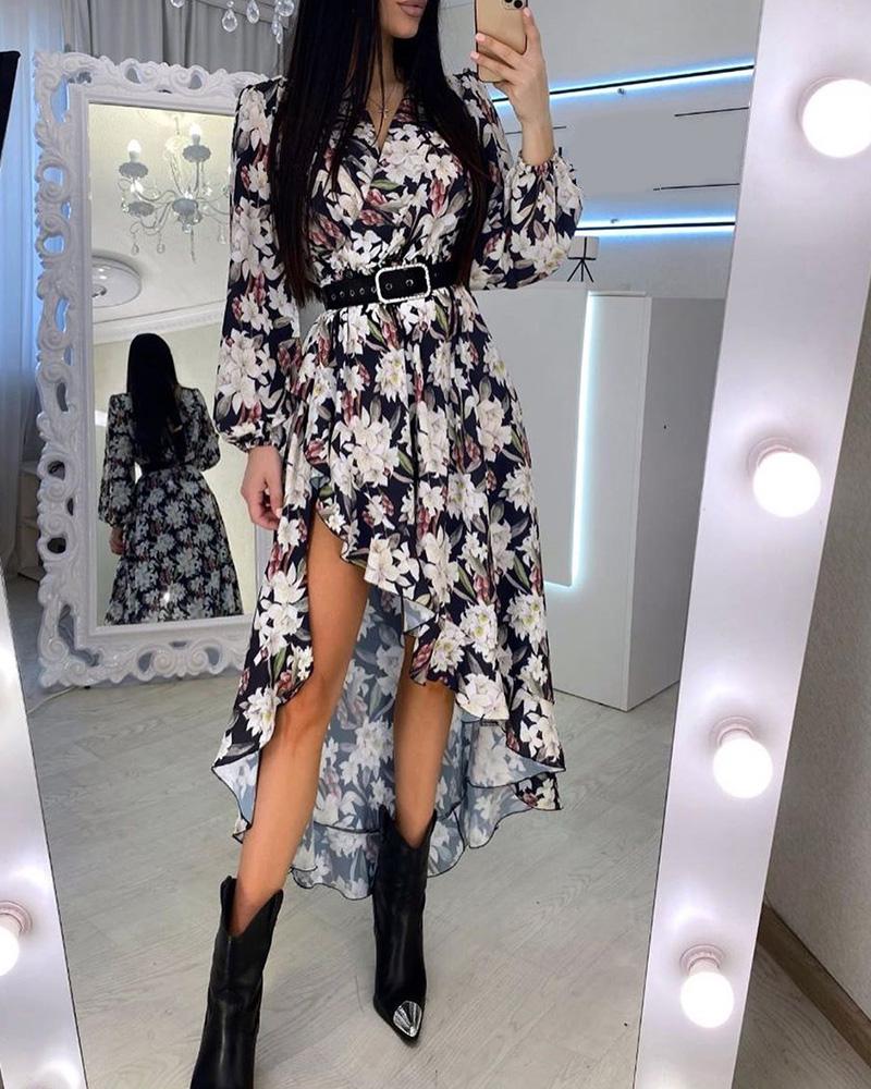 

Floral Print Ruched Dip Hem Ruffle Trim Wrap Dress, Black