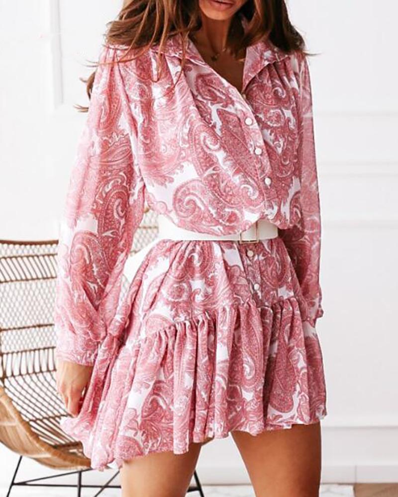 

Baroque Print Ruched Ruffles Buttoned Dress, Pink