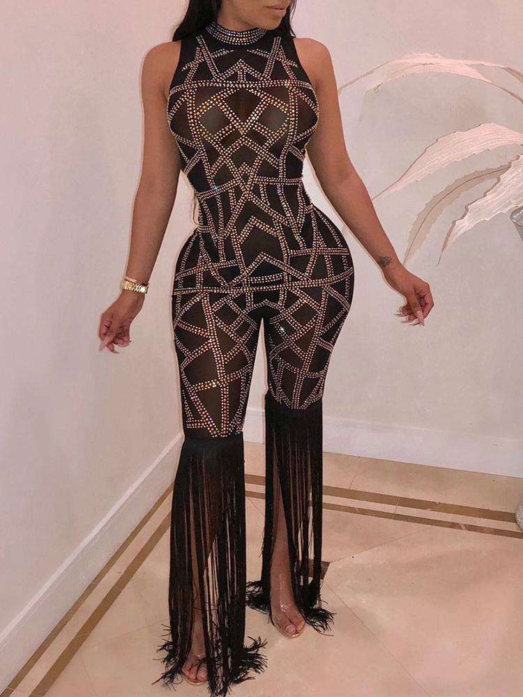 

Hot Stamping Sheer Mesh Tassel Jumpsuit