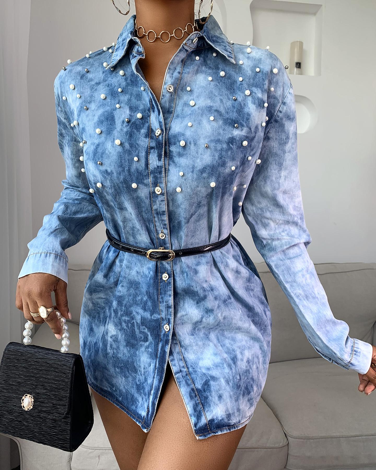 

Gradient Color Beaded Button Design Denim Coat, Blue