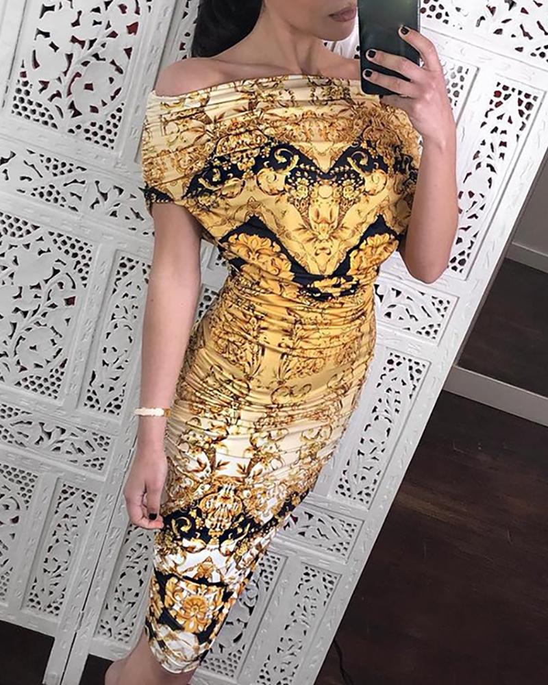 

Off Shoulder Paisley Print Bodycon Dress, Yellow