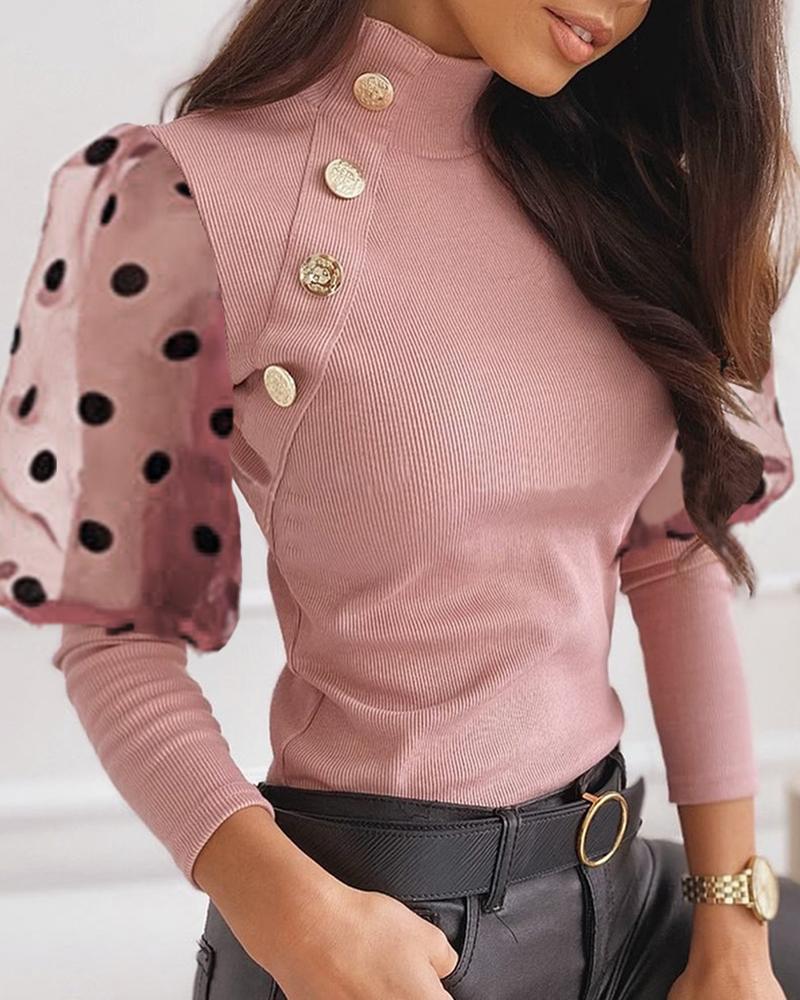 

Mesh Dot Puffed Sleeve Buttoned Blouse, Pink