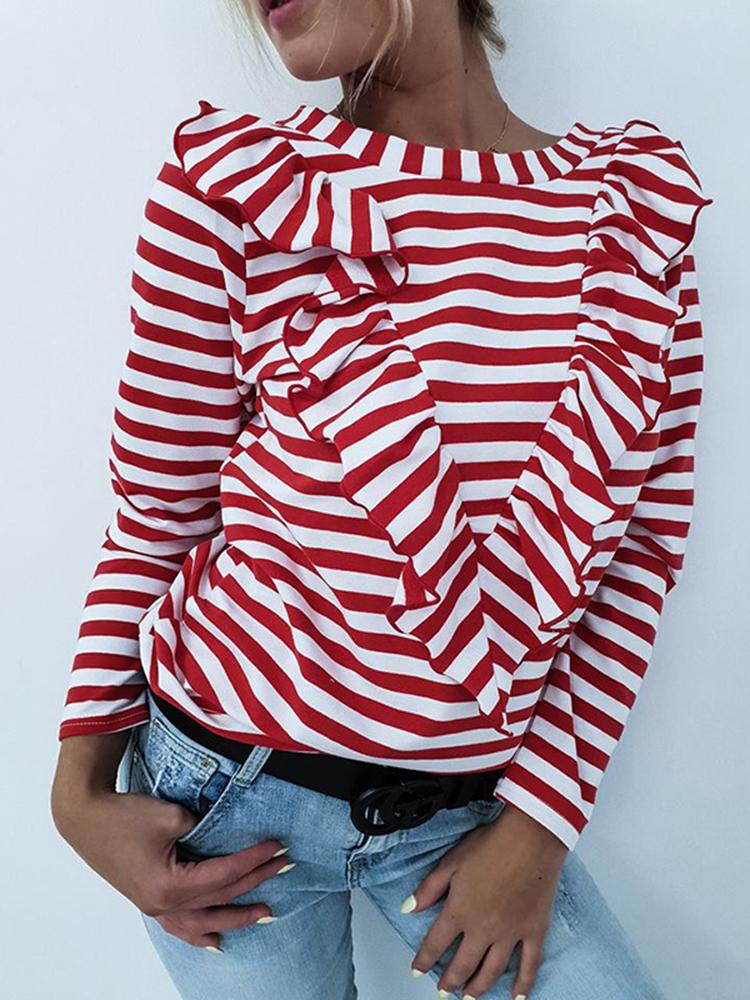

Striped Ruffles Design Casual T-Shirt