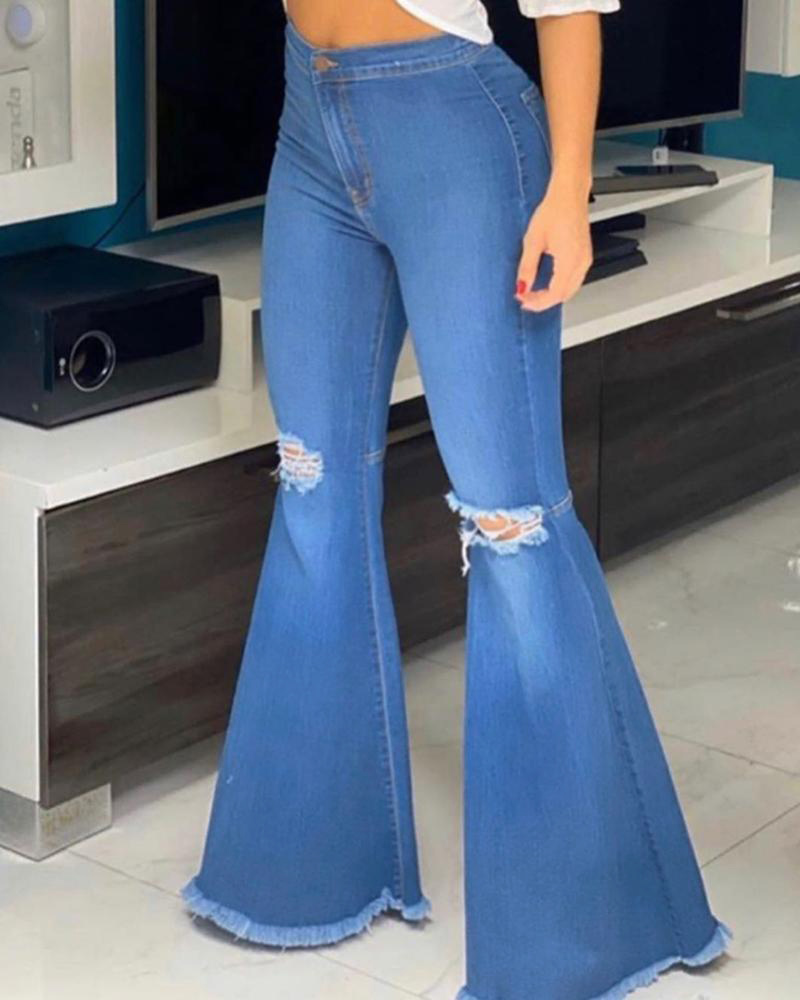 

Ripped Cutout Fringe Hem Bootcut Jeans, Blue