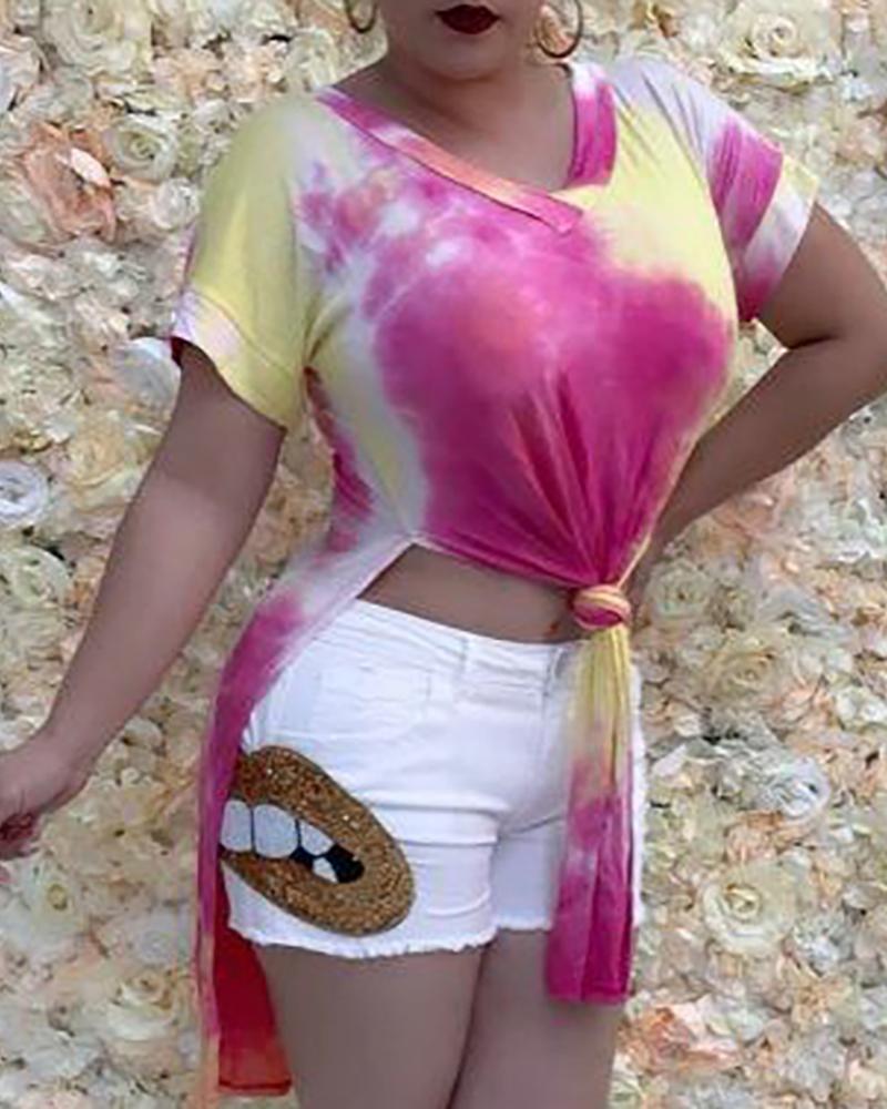 

Tie Dye Short-sleeved Split Top, Hot pink