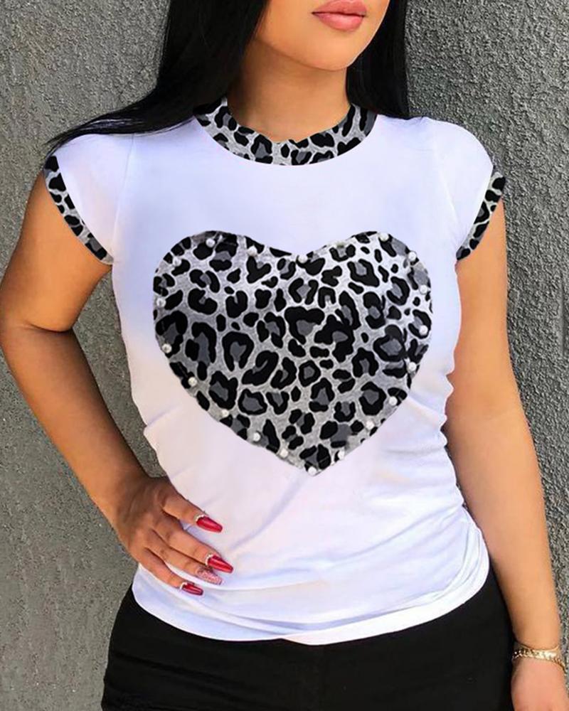 

Leopard Print Heart Pattern Short Sleeve T-shirt, White