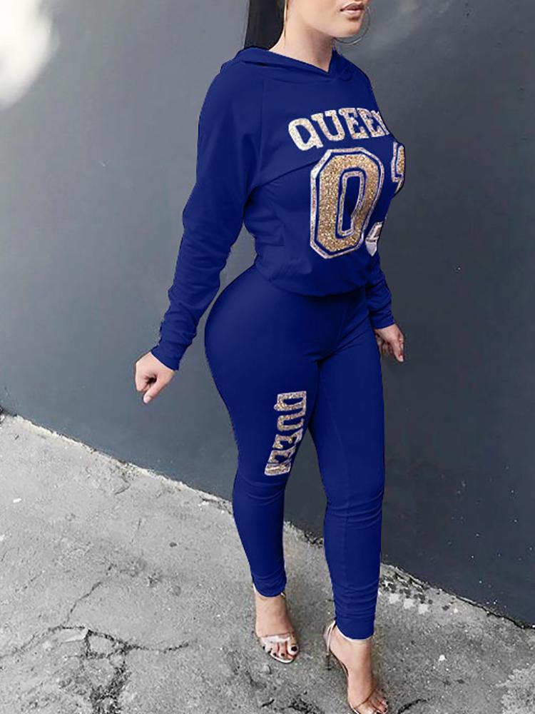 

Fashion Hot Stamping Hooded 2pcs Casaul Suit Sets, Dark blue