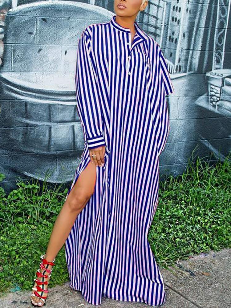 

Fashion Striped Slit Irregular Shirt Dress