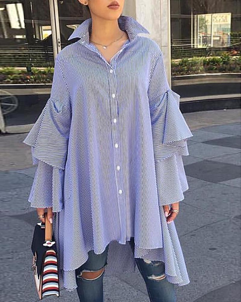 

Striped Bell Sleeve Irregular Casual Shirt, Blue