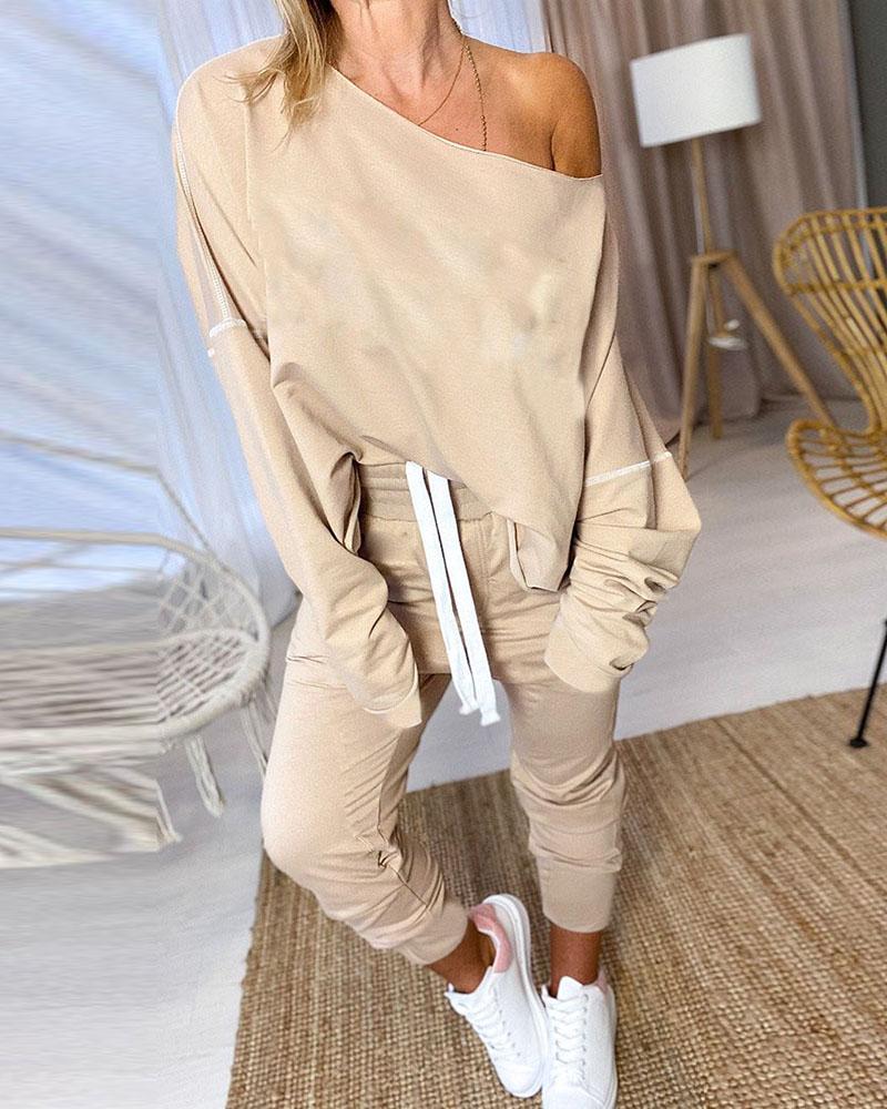 

Solid Long Sleeve Casual Top & Drawstring Pants Sets, Khaki