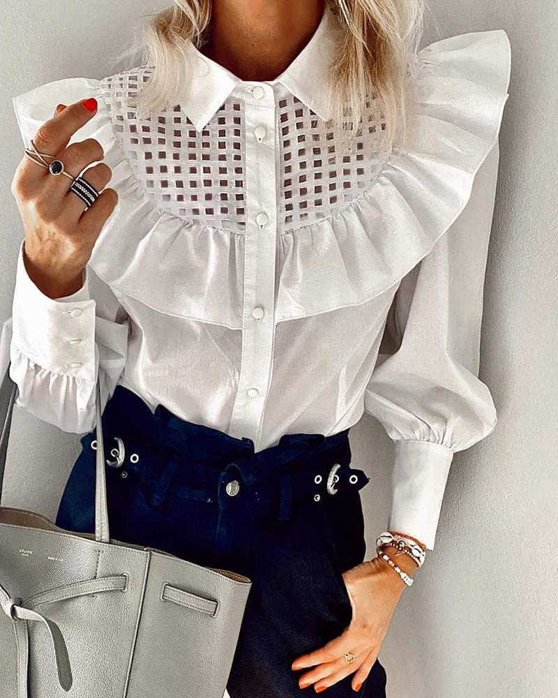 

Hollow Out Ruffles Long Sleeve Shirt, White