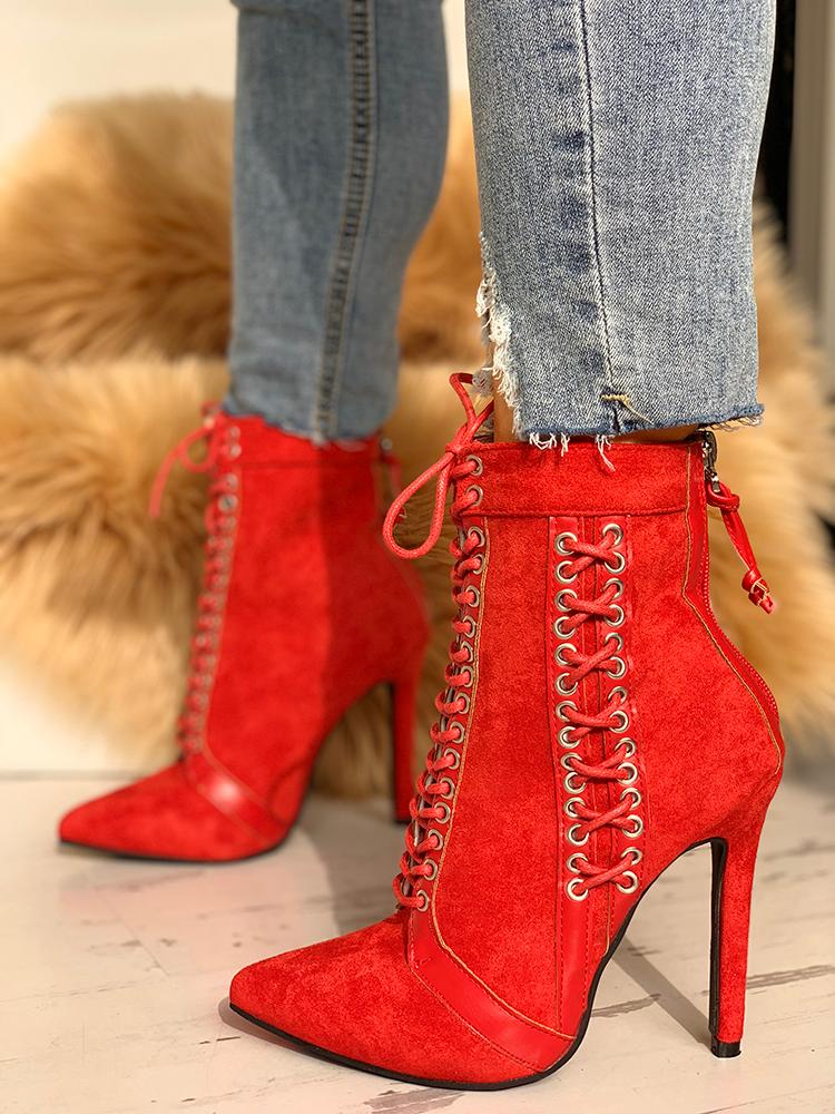 

Lace-Up Eyelet Thin Heeled Boots, Red