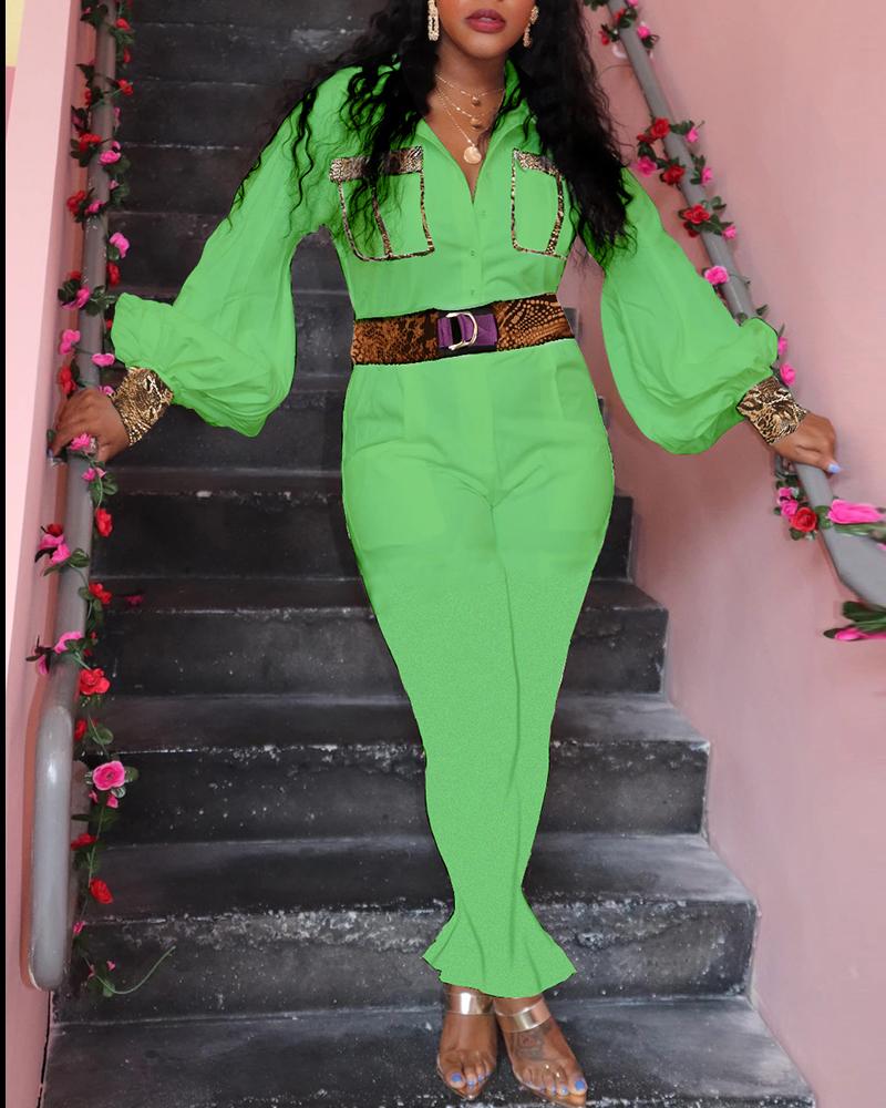

Solid Leopard Patchwork Bell Sleeve Jumpsuit, Green