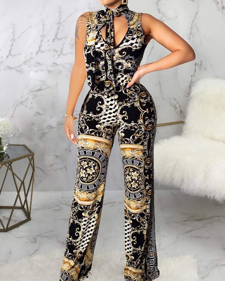 

Tie Nek Cutout Front Tribal Print Jumpsuit, Multicolor