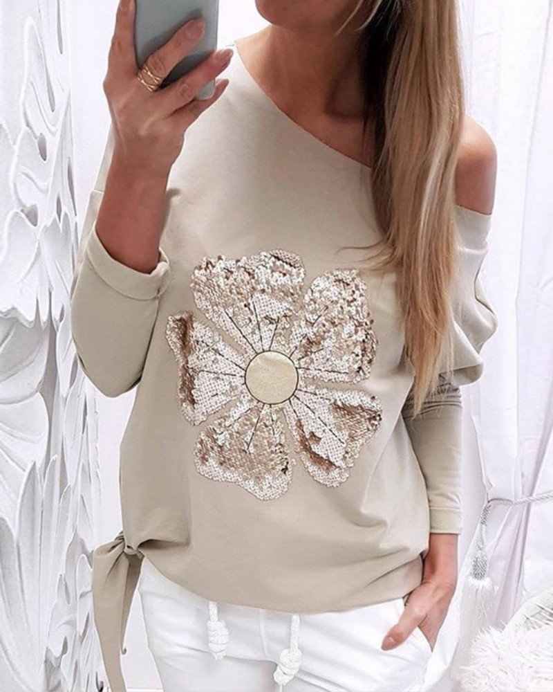

One Shoulder Sequins Long Sleeve Pullover