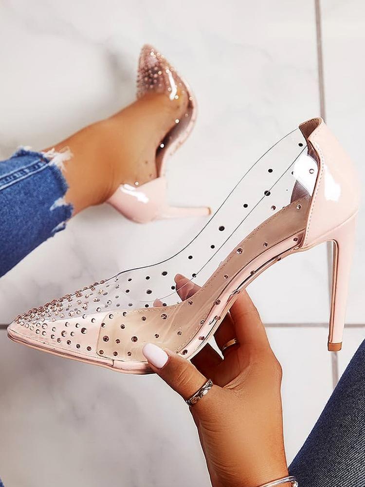 

Rhinestone Embellished Transparent Thin Heels, Apricot