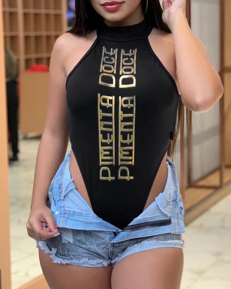 

Halter Letter Print Sleeveless Bodysuit, Black