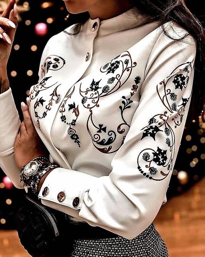 

Print Design Buttoned Casual Blouse, White