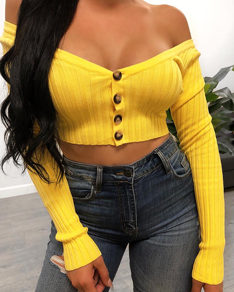 

Off Shoulder Long Sleeve Crop Top, Yellow